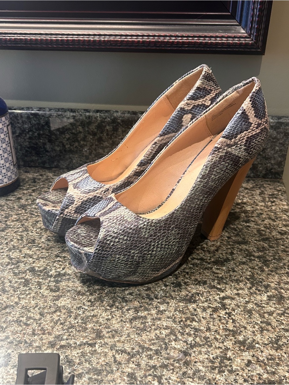JustFab Snake-Print Peep Toe Platform Pumps - blue Greens & Tans